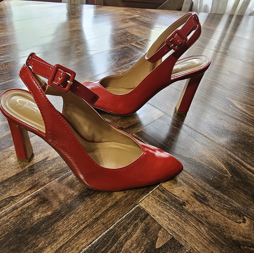 Red Jessica Simpson sling back pump with ankle strap